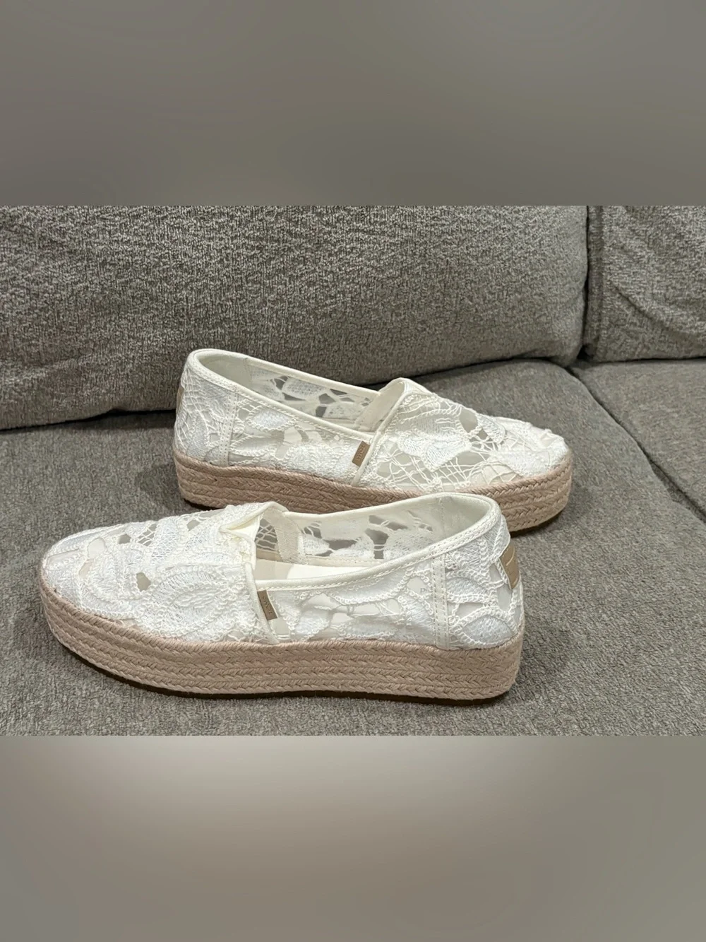 Toms White Lace Espadrille Platform Slip-Ons White Floral Crochet